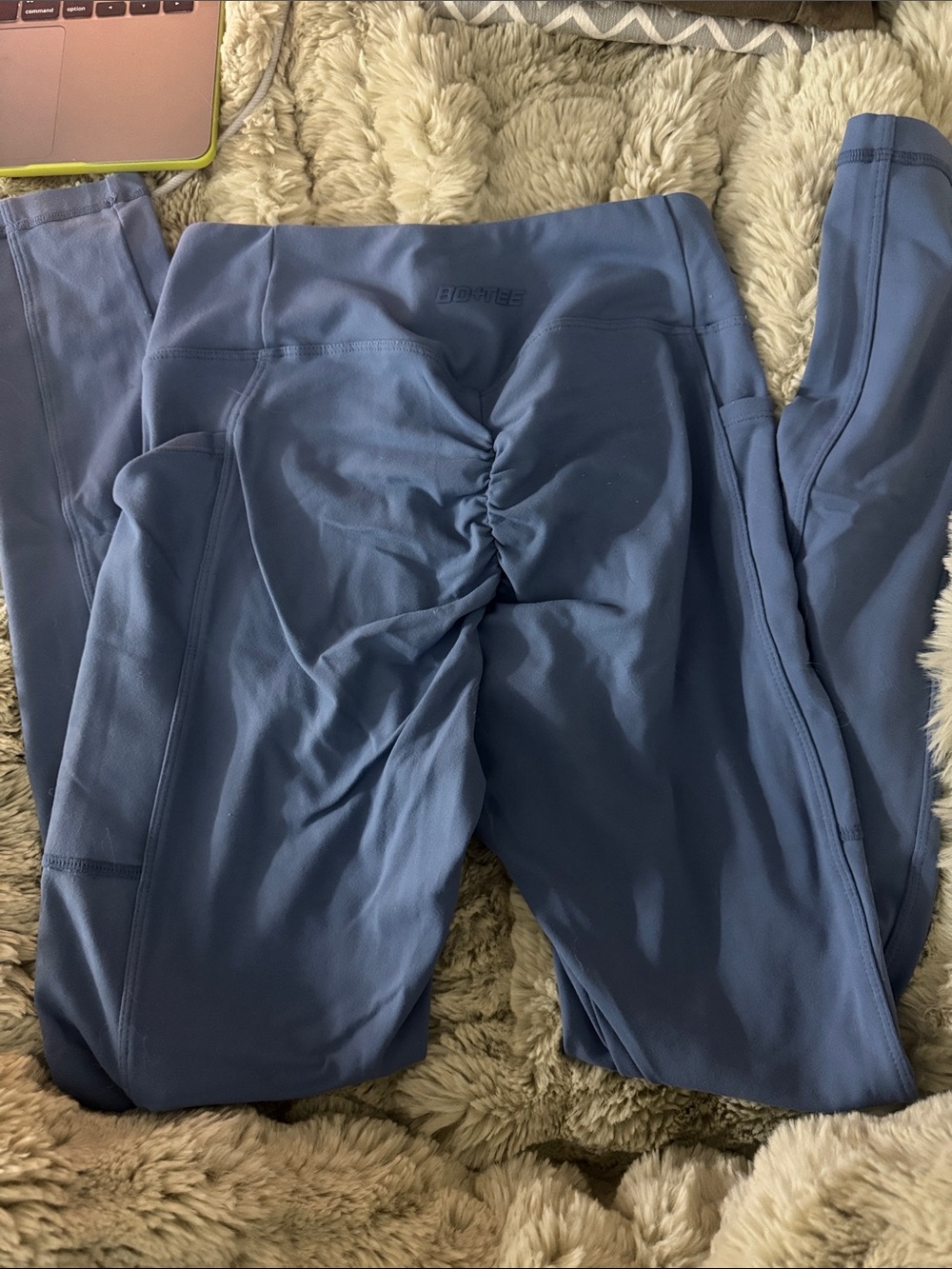 Bo and Tee V shaped Ruched Back High-Waist Leggings in Dusty Blue